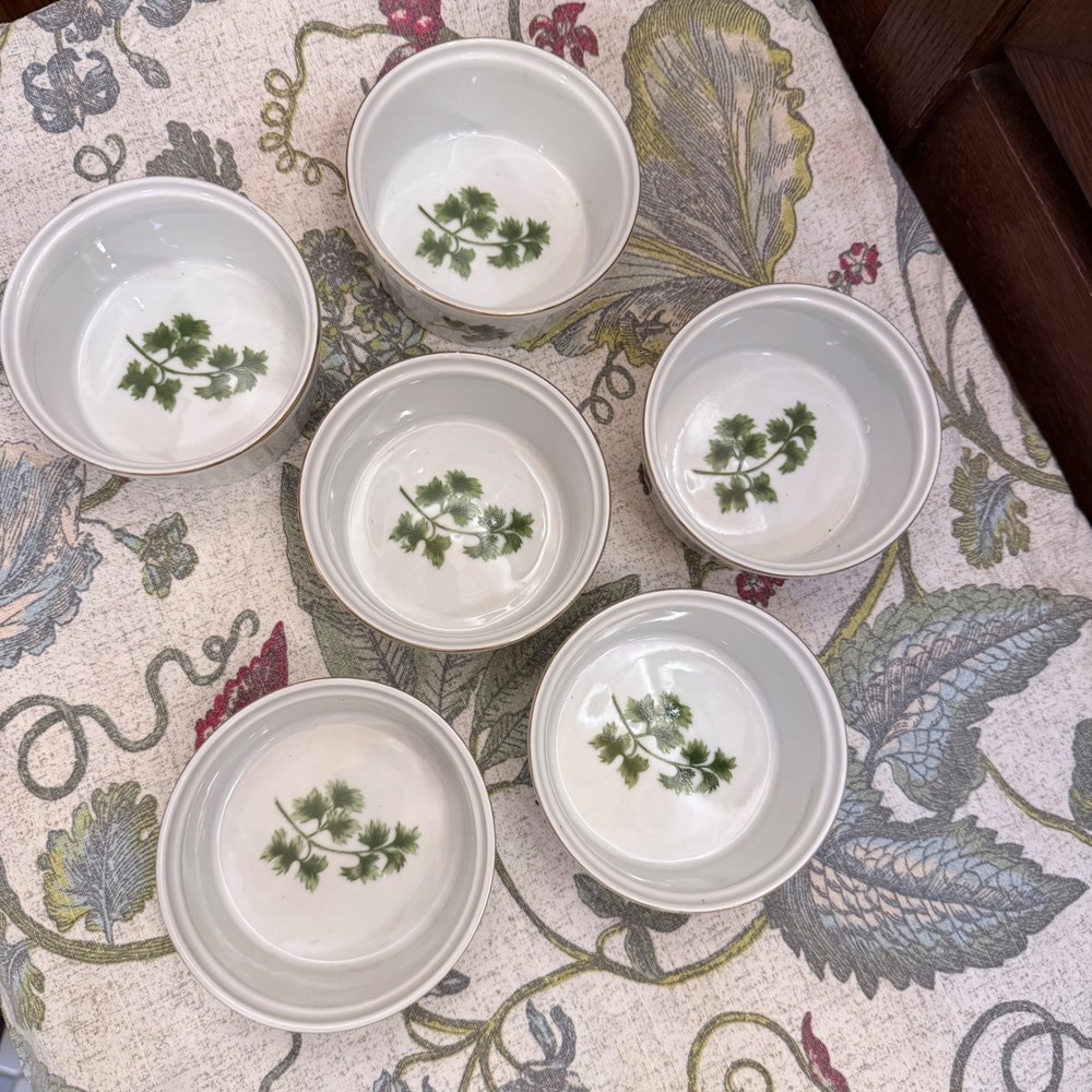 6 Vintage Parsley Botanical Ramekins Gold Trim White Porcelain Baking Bowls